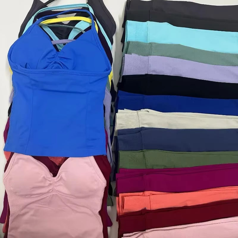 2-Piece Yoga Set Ladies Gym Training Leggings and Neck Tank Yoga Fitness Seamless Set Pilates Clothes Workout Sportswear