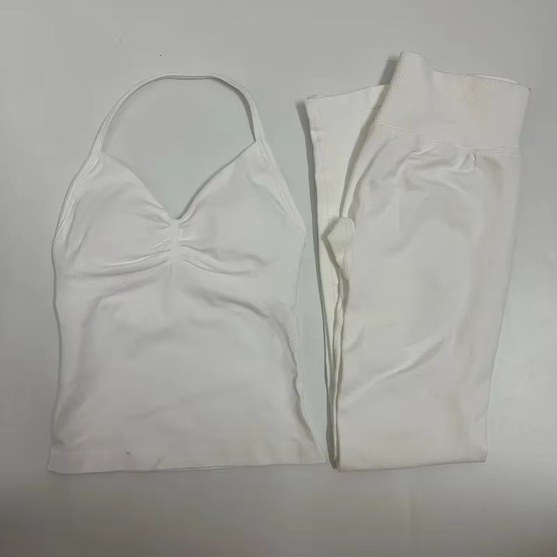 2-Piece Yoga Set Ladies Gym Training Leggings and Neck Tank Yoga Fitness Seamless Set Pilates Clothes Workout Sportswear