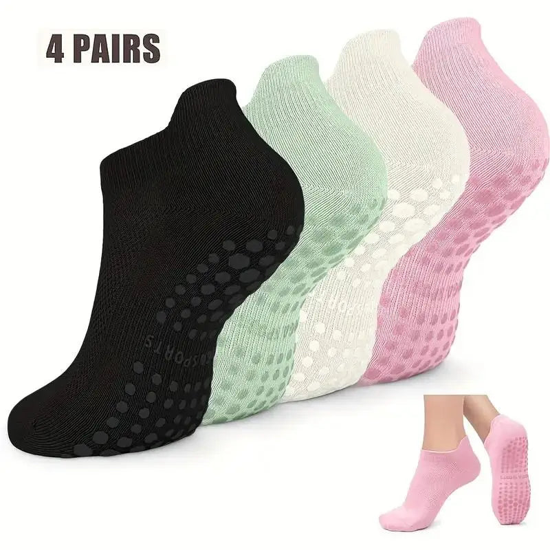 4 pairs Grip Pilates Socks for Women Non-slip Yoga Athletic Socks for Barre Ballet Barefoot Workout