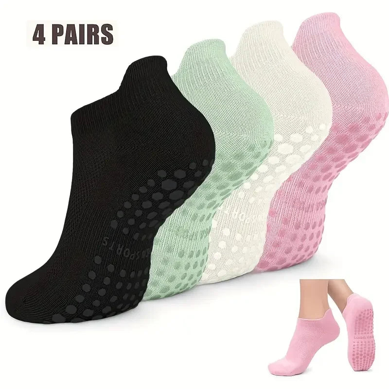 4 pairs Grip Pilates Socks for Women Non-slip Yoga Athletic Socks for Barre Ballet Barefoot Workout