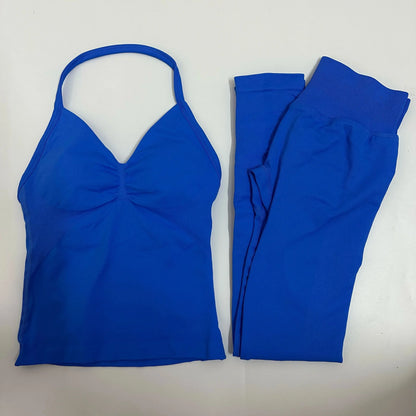 2-Piece Yoga Set Ladies Gym Training Leggings and Neck Tank Yoga Fitness Seamless Set Pilates Clothes Workout Sportswear