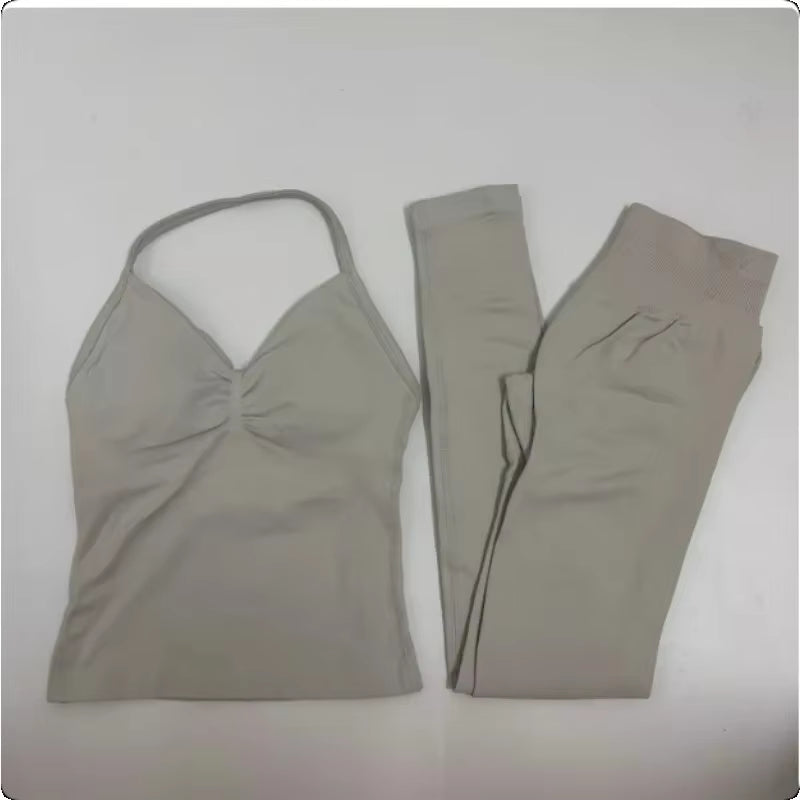 2-Piece Yoga Set Ladies Gym Training Leggings and Neck Tank Yoga Fitness Seamless Set Pilates Clothes Workout Sportswear