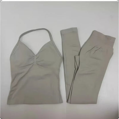 2-Piece Yoga Set Ladies Gym Training Leggings and Neck Tank Yoga Fitness Seamless Set Pilates Clothes Workout Sportswear