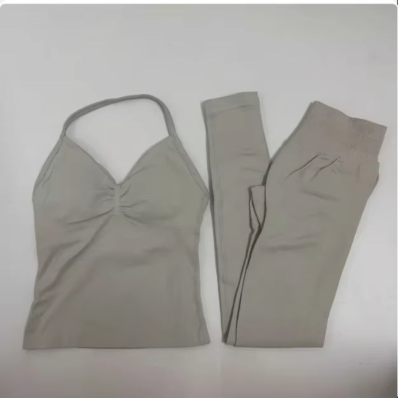 2-Piece Yoga Set Ladies Gym Training Leggings and Neck Tank Yoga Fitness Seamless Set Pilates Clothes Workout Sportswear