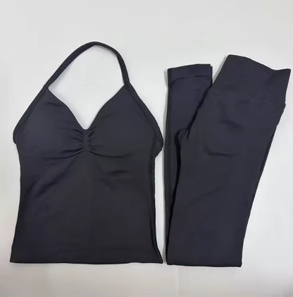 2-Piece Yoga Set Ladies Gym Training Leggings and Neck Tank Yoga Fitness Seamless Set Pilates Clothes Workout Sportswear